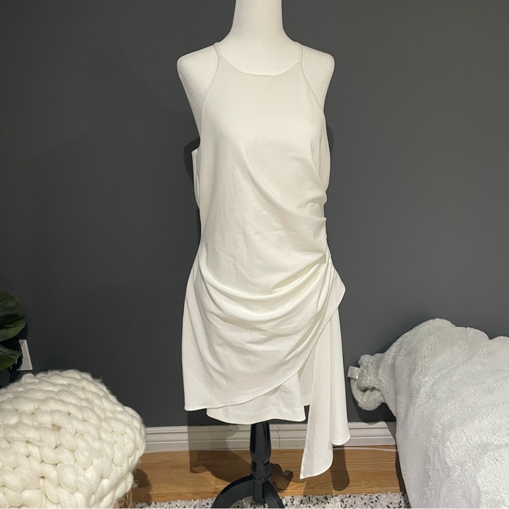 Badgley Mischka White Mini Party Dress with Draped Detailing - Picture 3 of 8